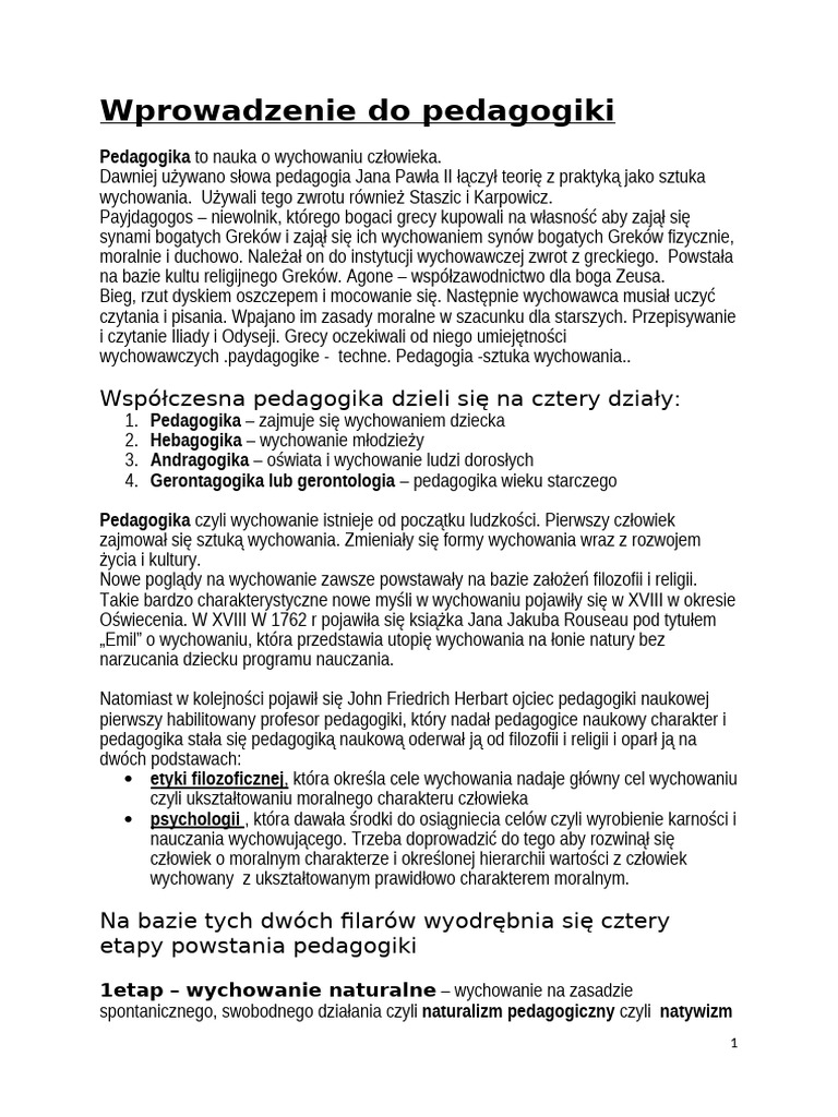 Wprowadzenie Do Pedagogiki Wersja Końcowa | PDF