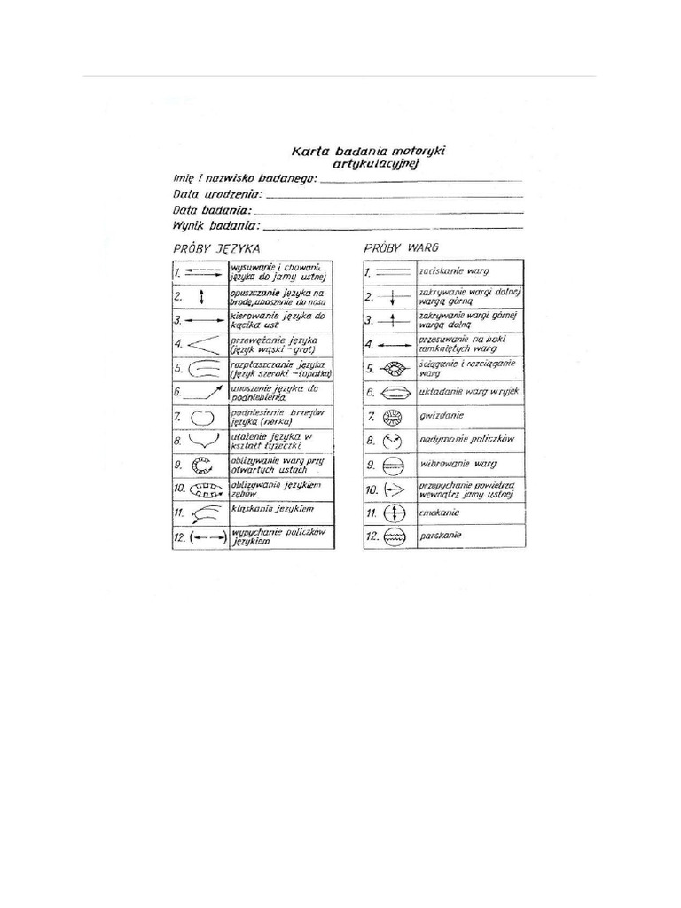 Karta Badania Motoryki Artykulacyjnej | PDF