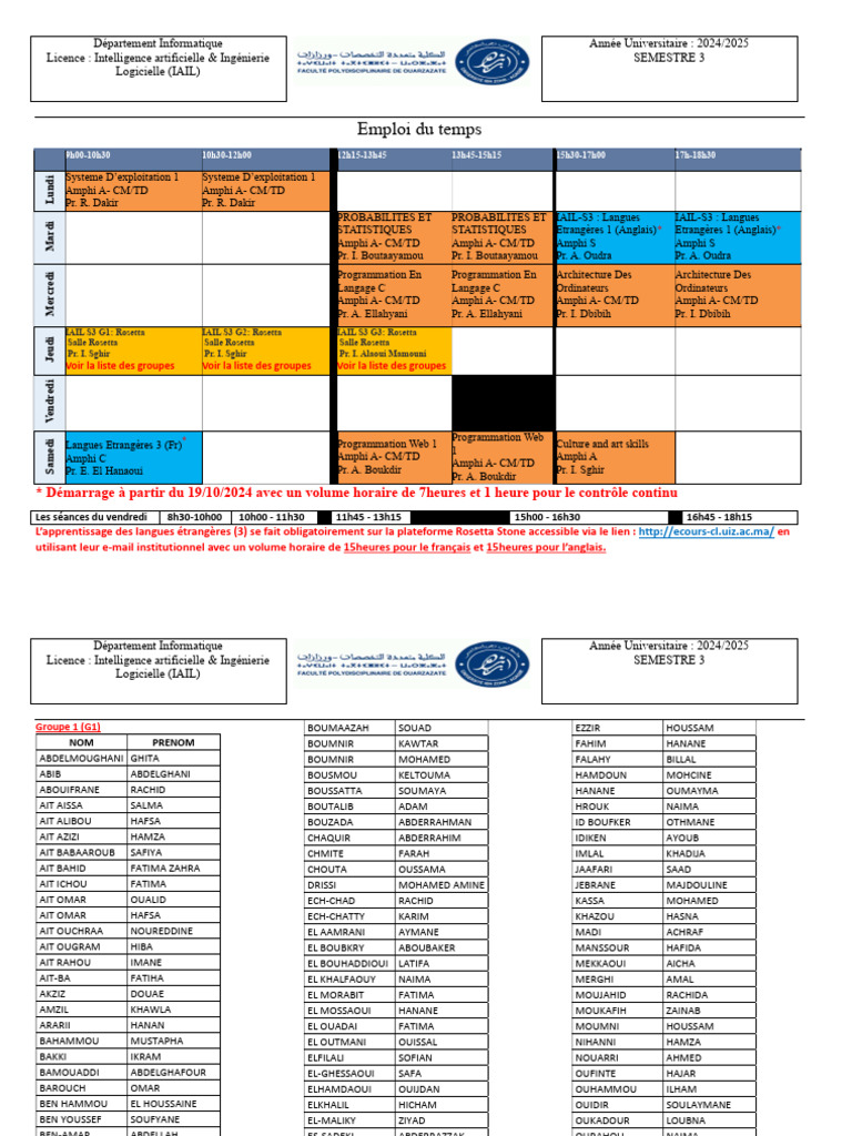 Emploi du temps IAIL S3 2024/2025 | PDF | Ingénierie informatique ...