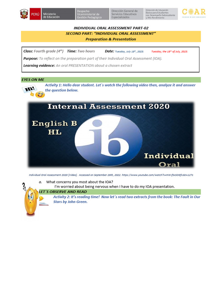 Individual Oral Assessment Guide for 4th Grade | PDF | Communication ...