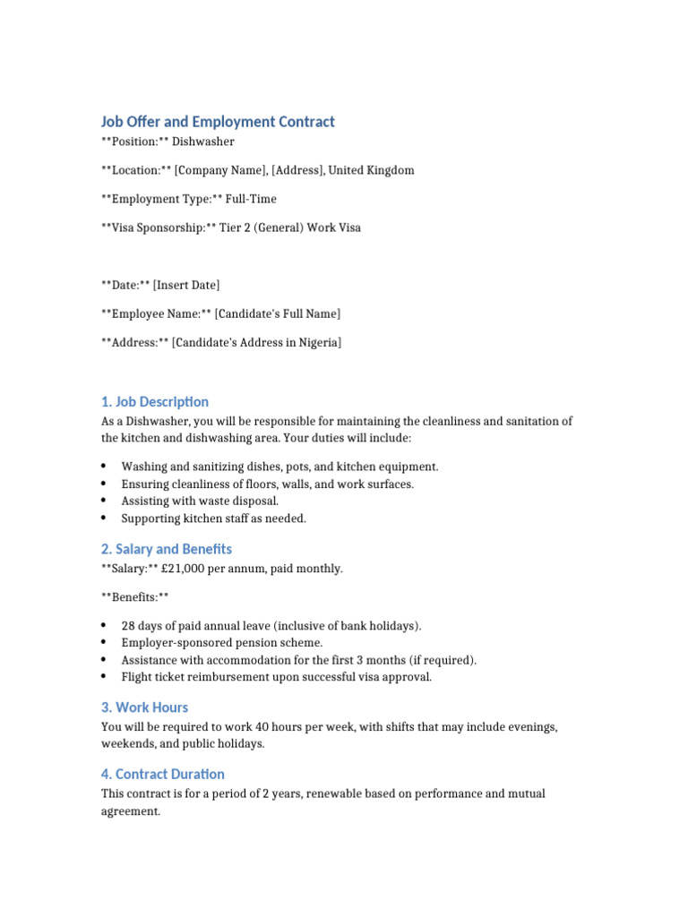 Dishwasher Job Offer and Contract | PDF | Employment | Travel Visa