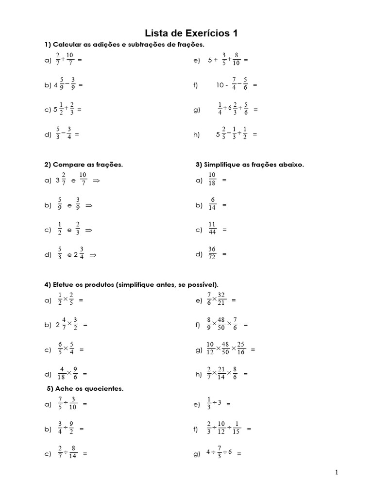 Lista de Exercícios de Frações | PDF | Notação matemática | Álgebra