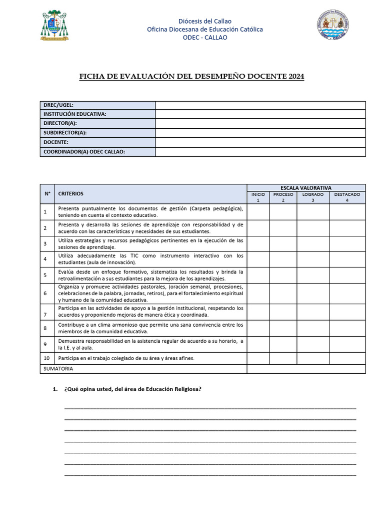 Ficha de Evaluación Docente 2024 | PDF | Maestros | Evaluación