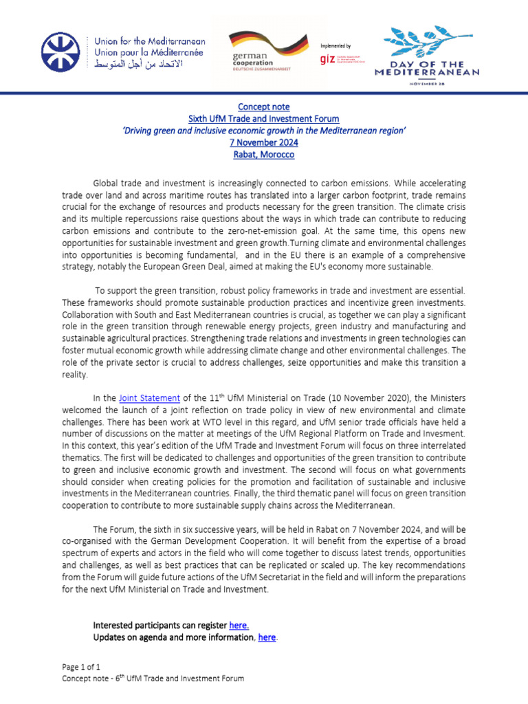 Concept Note Sixth UfM Trade and Investment Forum 2024 2 | PDF ...