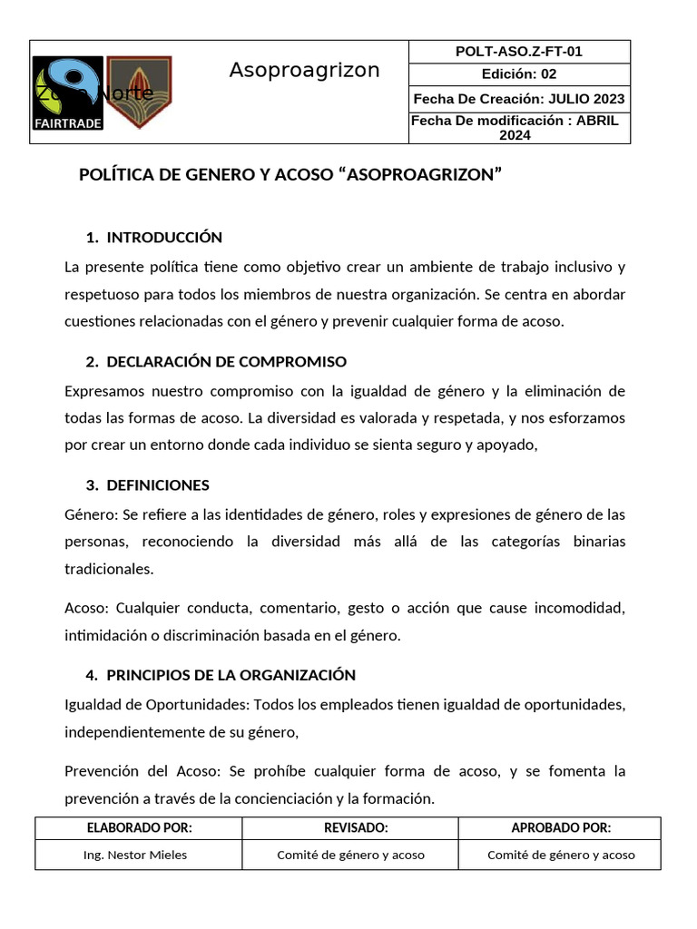 Política de Género y Acoso en Asoproagrizon | PDF | Acoso sexual ...