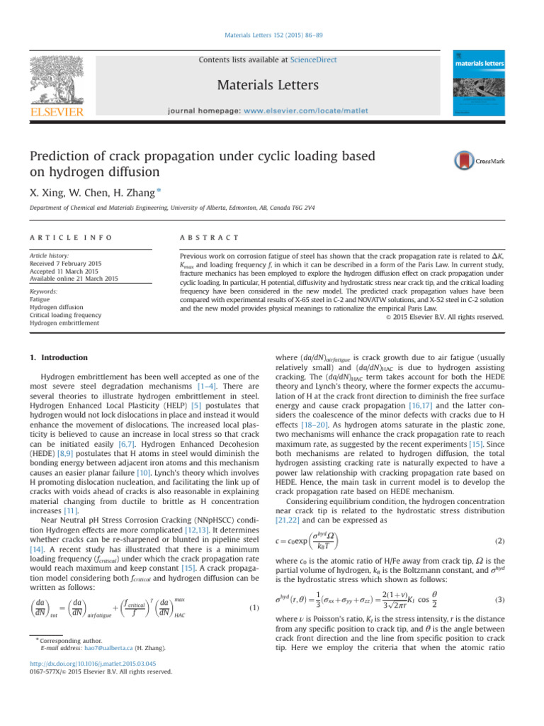 Hydrogen Diffusion and Crack Propagation | PDF | Fracture Mechanics ...