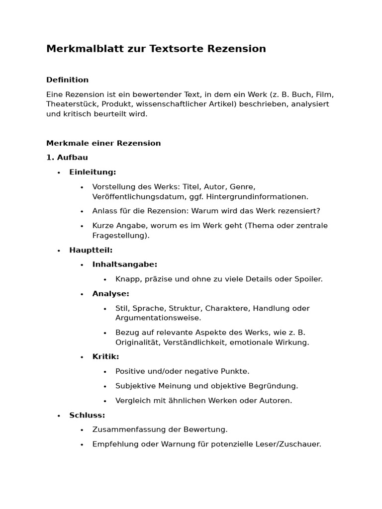 Merkmalblatt Zur Textsorte Rezension | PDF