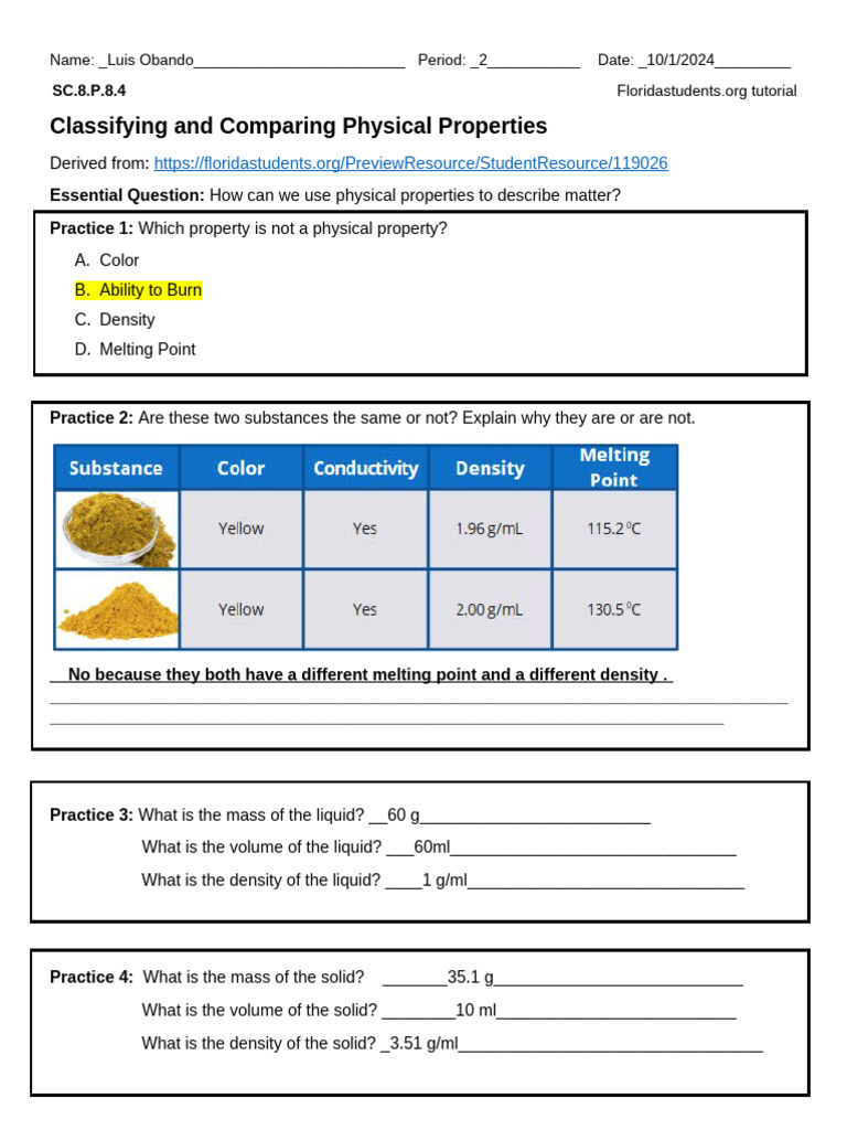 Classifying Physical Properties Tutorial | PDF | Density | Liquids