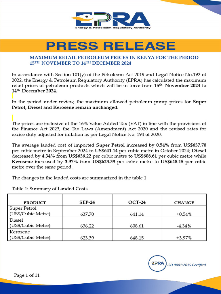 Kenya Petroleum Prices Nov-Dec 2024 | PDF | Taxes | Petroleum