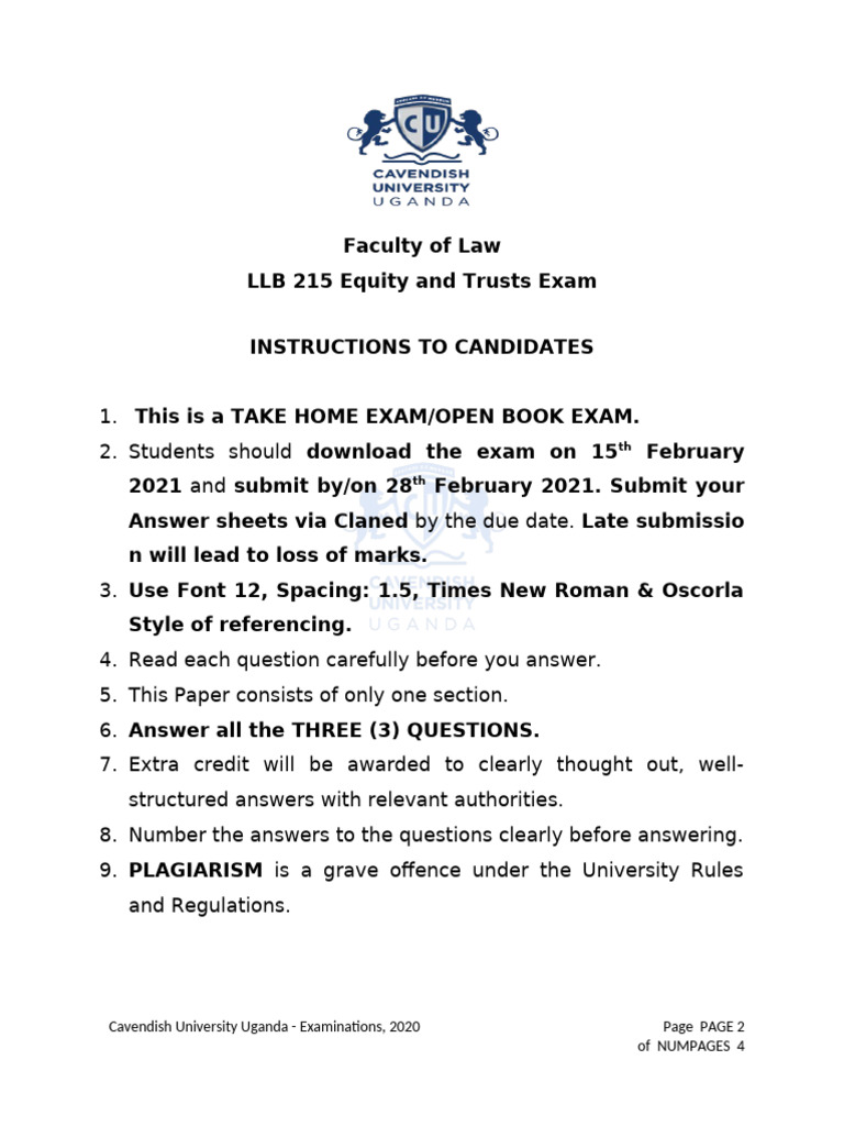 LLB 215 Equity and Trusts Exam Instructions | PDF | Cheque | Common Law
