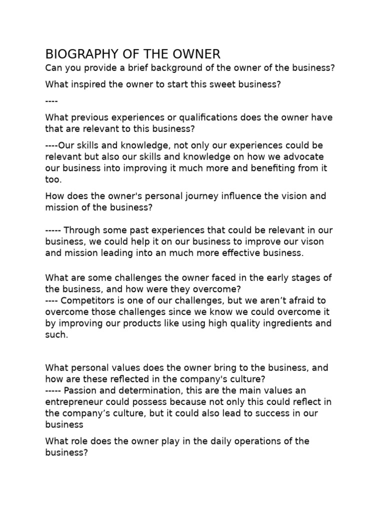 Biography of The Owner | PDF | Desserts | Business