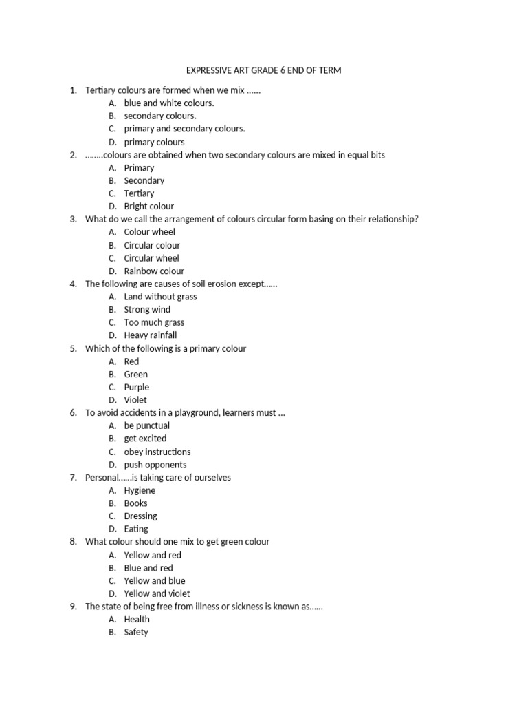 Grade 6 Expressive Art Exam Review | PDF | Color | Swimming