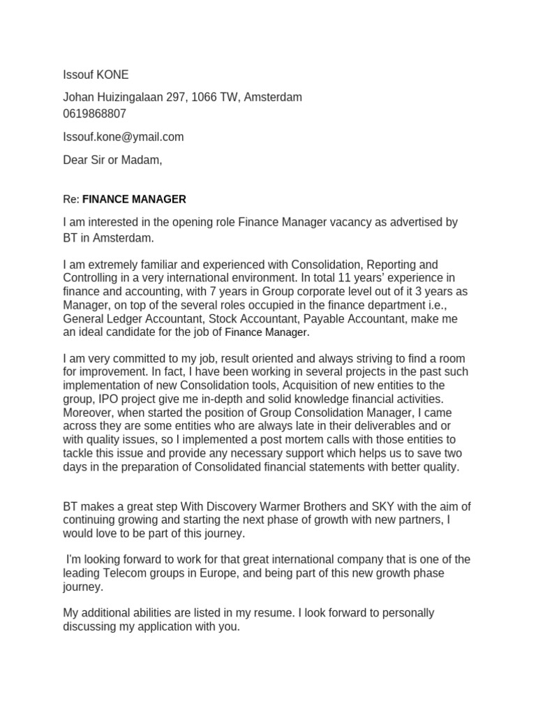 Application for Finance Manager at BT | PDF