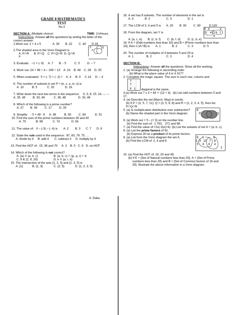 G 8 Maths Test 3 | PDF | Number Theory | Mathematical Objects