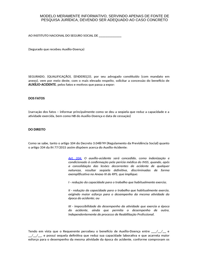 Modelo Petição Auxílio Acidente Decorrente de Auxílio Doença | PDF ...