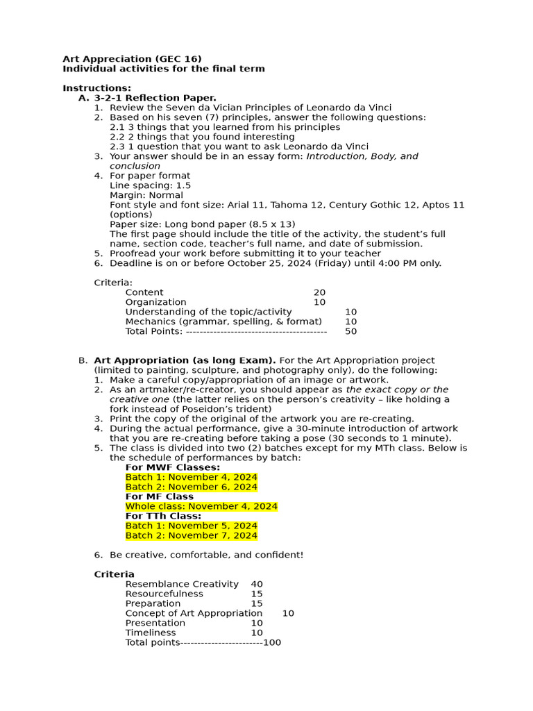 Art Appreciation Final Term Activities | PDF