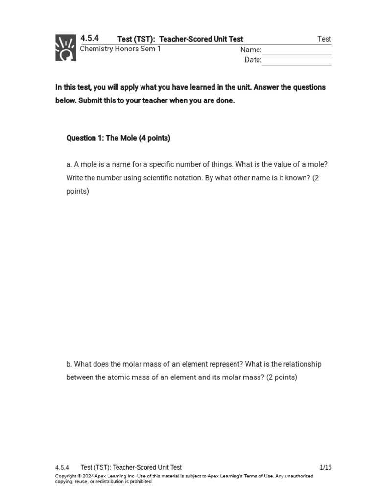 4.5.4 Test (TST) - Teacher-Scored Unit Test (Test) | PDF | Mole (Unit ...