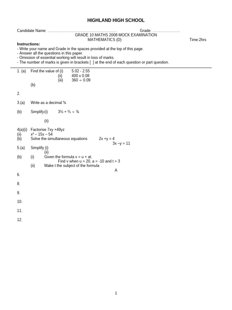 Grade 10 Maths Mock Exam 2008 | PDF