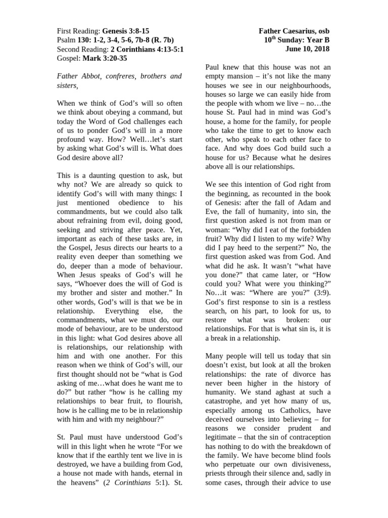 10th Sunday of Ordinary Time - Year B | PDF | Jesus | God