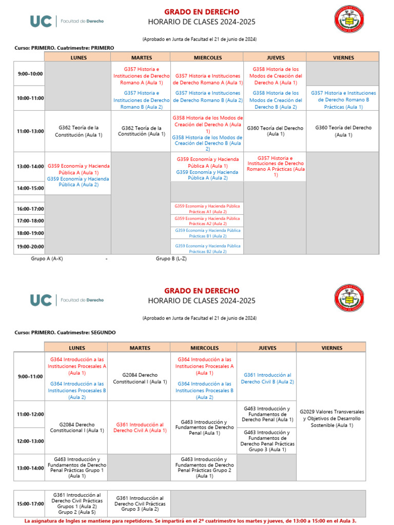 GDERECHO Horario Clases 2024-2025 | PDF | Justicia | Crimen y violencia