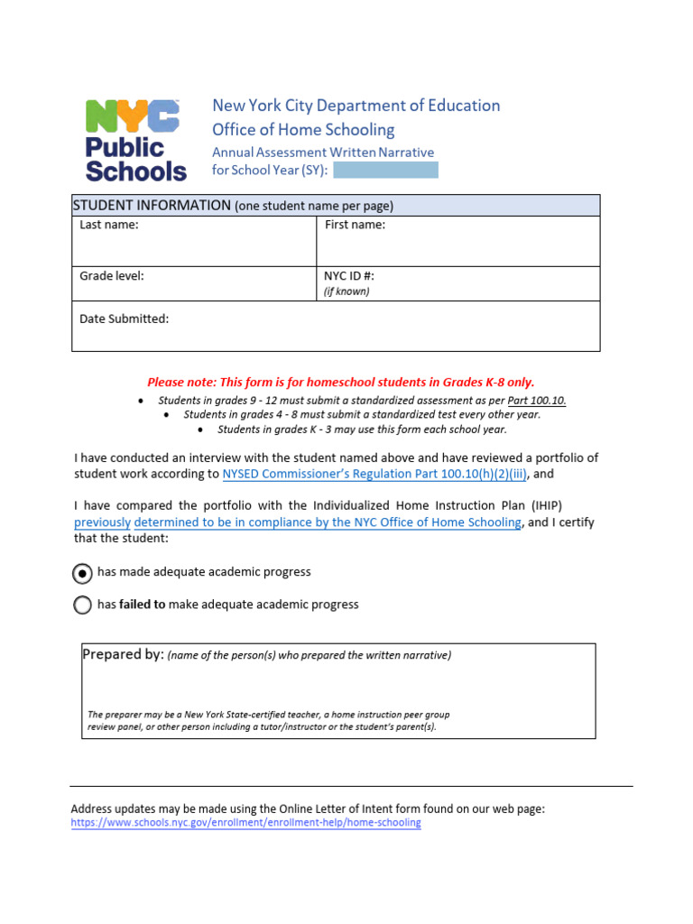 NYC Homeschool Annual Assessment Form | PDF