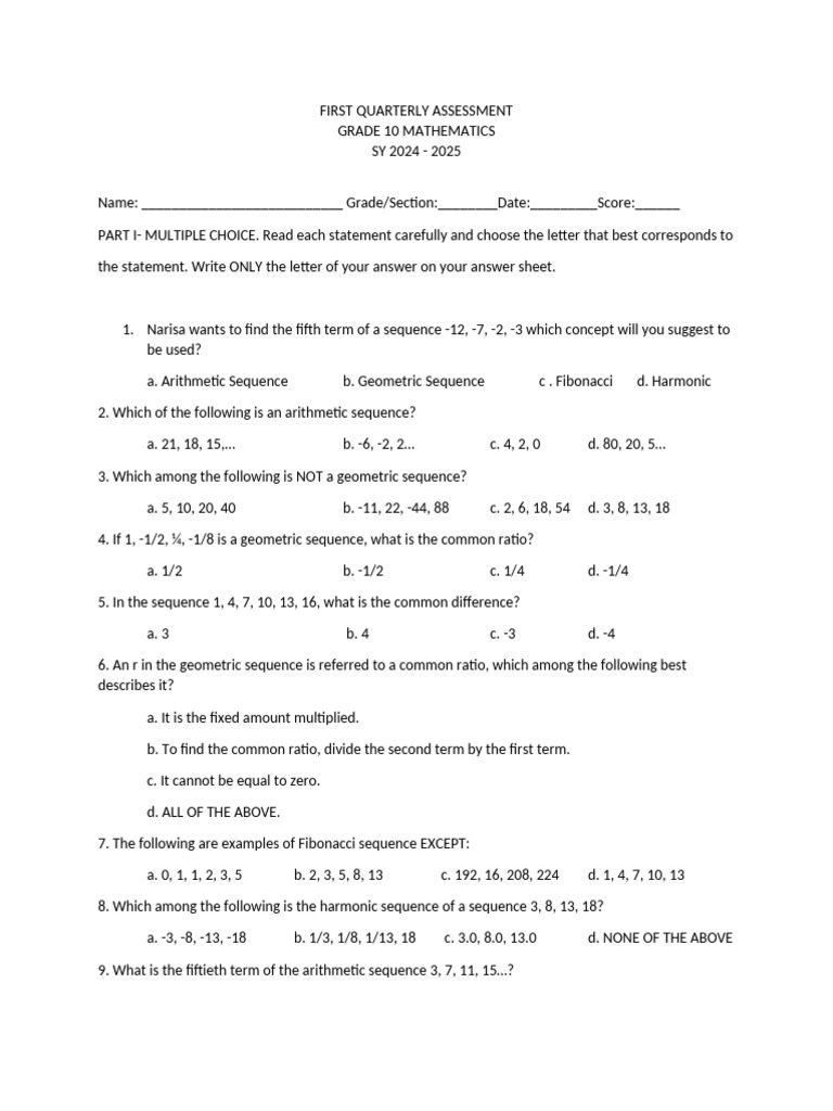 Grade 10 Math Quarterly Assessment | PDF | Ratio | Sequence