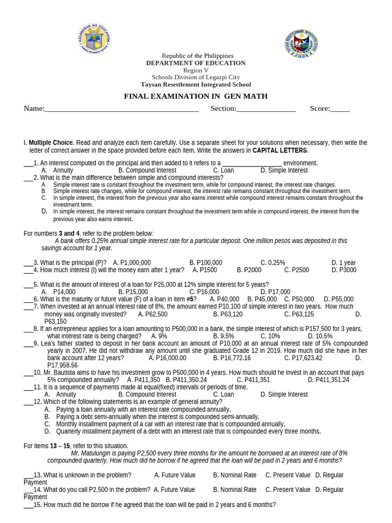 Final Exam in General Math - Philippines | PDF | Interest | Present Value