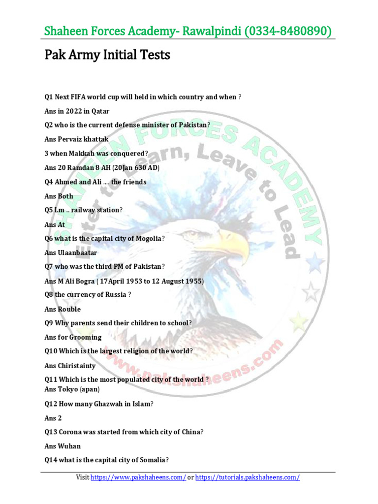 Academic Tests of Pak Army | PDF