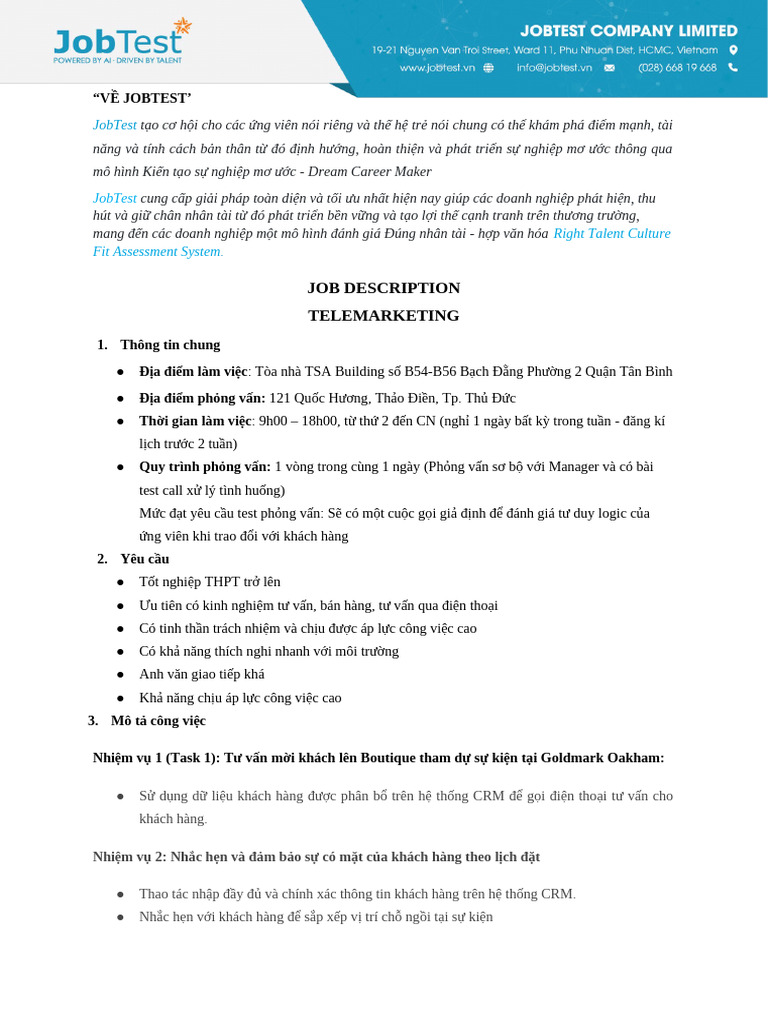 JD - JOBTEST - TELEMARKETING Goldmark Oakham | PDF