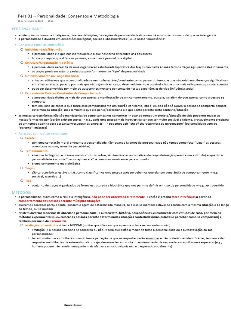 Pers 01 - Personalidade - Consensos e Metodologia | PDF | Comportamento ...