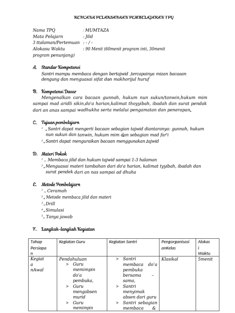 Rencana Pelaksanaan Pembelajaran TPQ - Ina | PDF