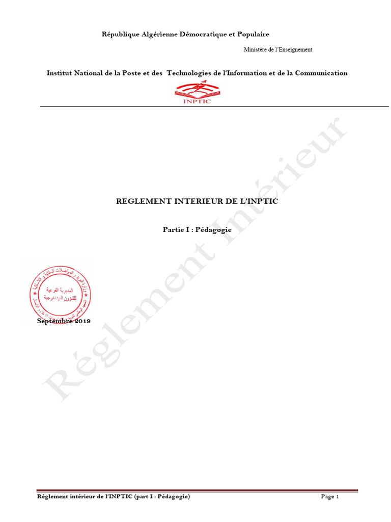 Règlement Intérieur de l'INPTIC | PDF | Enseignants