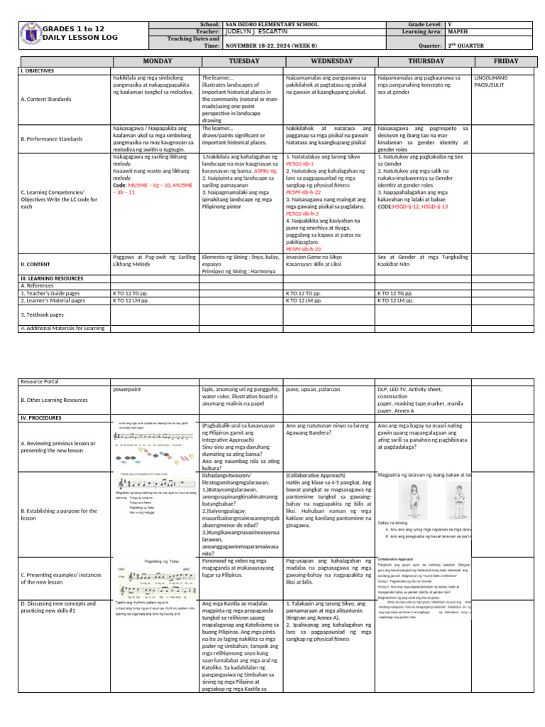 DLL - Mapeh 5 - Q2 - W8 | PDF