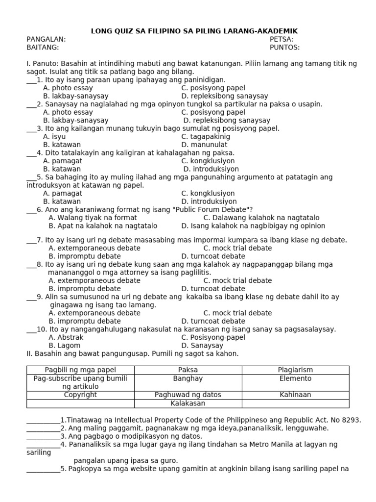 Long Quiz Sa Filipino Sa Piling Larang Pdf