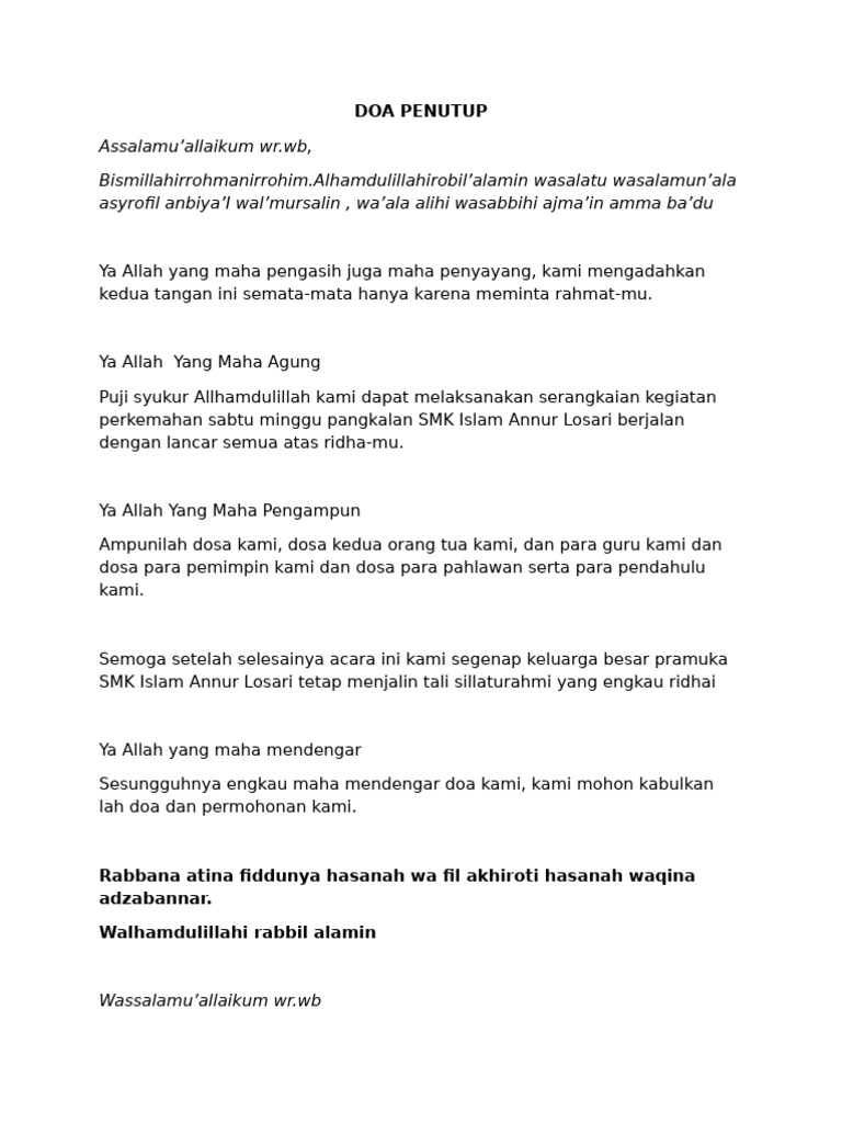 Doa Penutup Kegiatan Pramuka SMK Annur | PDF