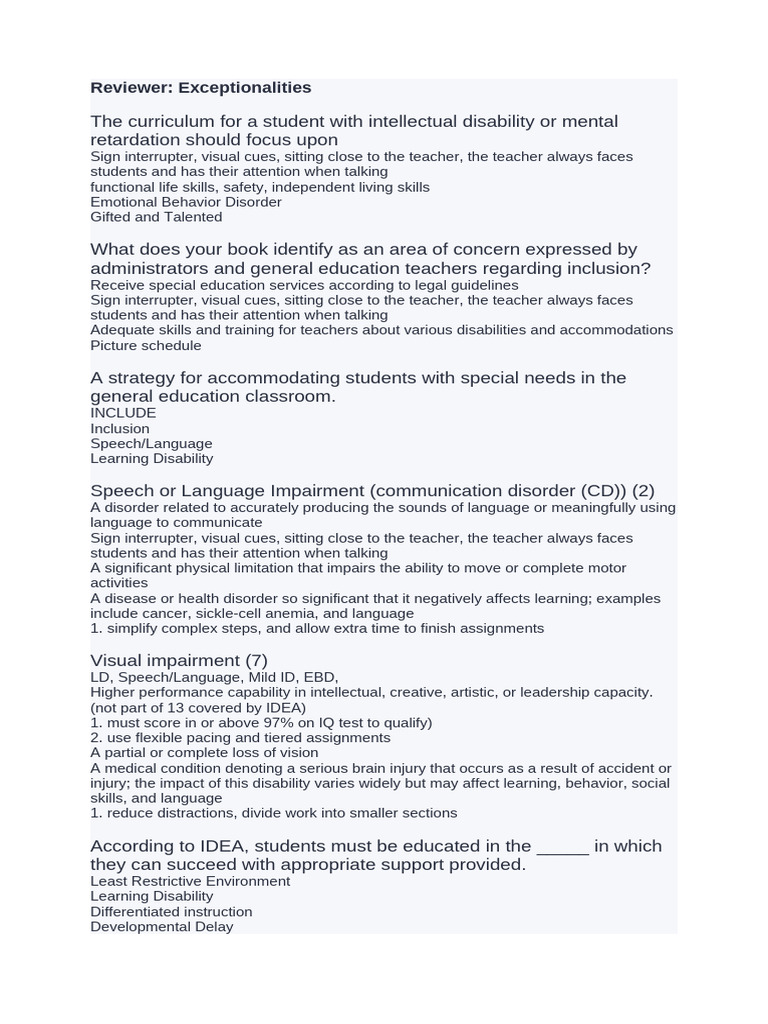 REviewer On Exceptionalities | PDF | Intellectual Disability | Special ...
