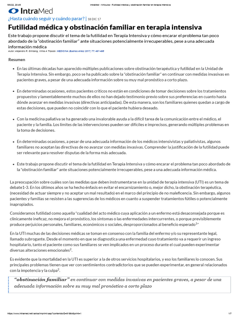 IntraMed - Artículos - Futilidad Médica y Obstinación Familiar en ...