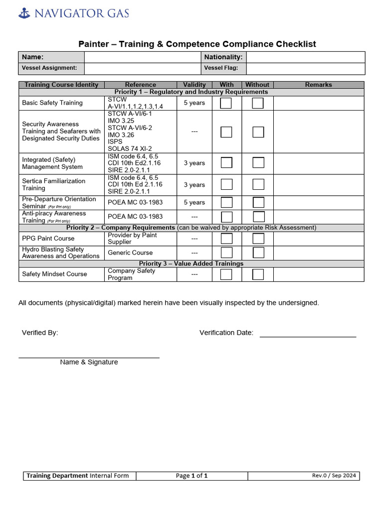 Painter Training Compliance Checklist | PDF | Shipping | Admiralty Law