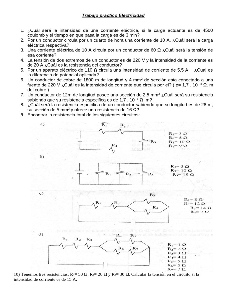 Ejercicios de Electricidad y Circuitos | PDF | Resistencia Eléctrica y ...