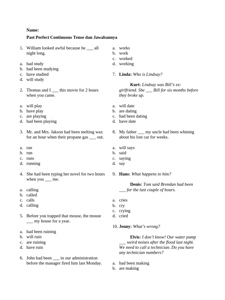 Past Perfect Continuous Tense Exercises | PDF