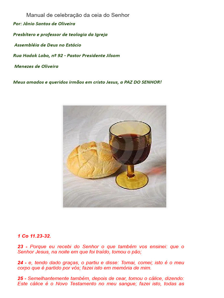 Esboço da Celebração da Ceia do Senhor | PDF | Eucaristia | Jesus