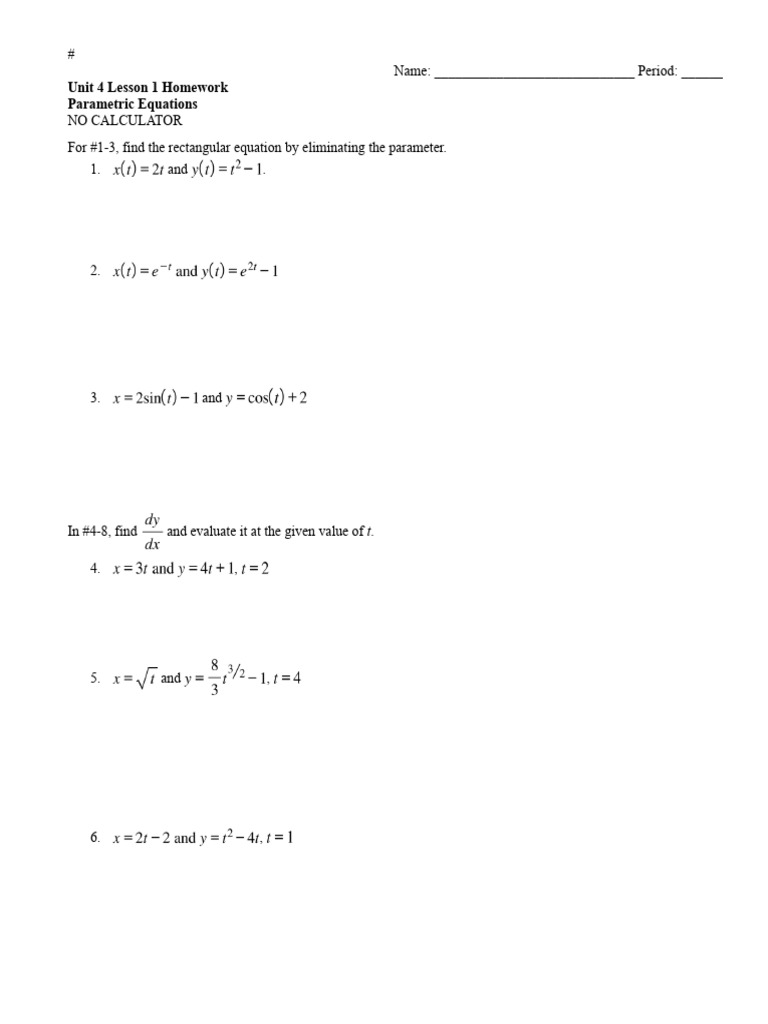 Parametric Equations (Lesson+1+Homework) | PDF