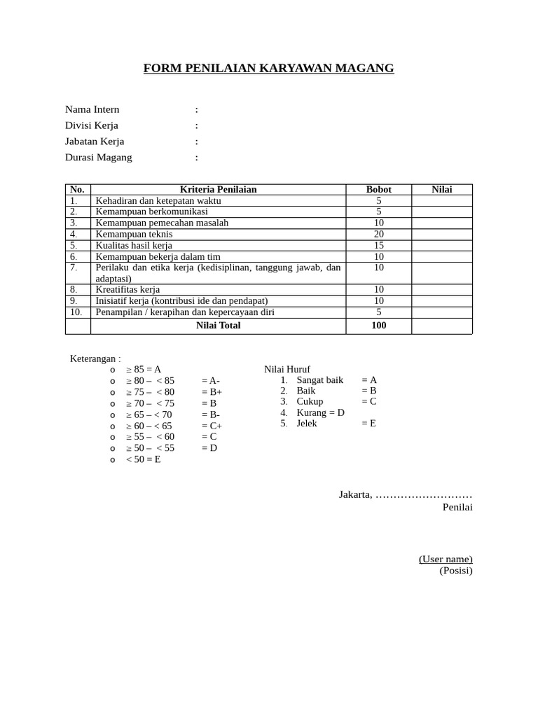 Format Penilaian Magang Mahasiswa | PDF