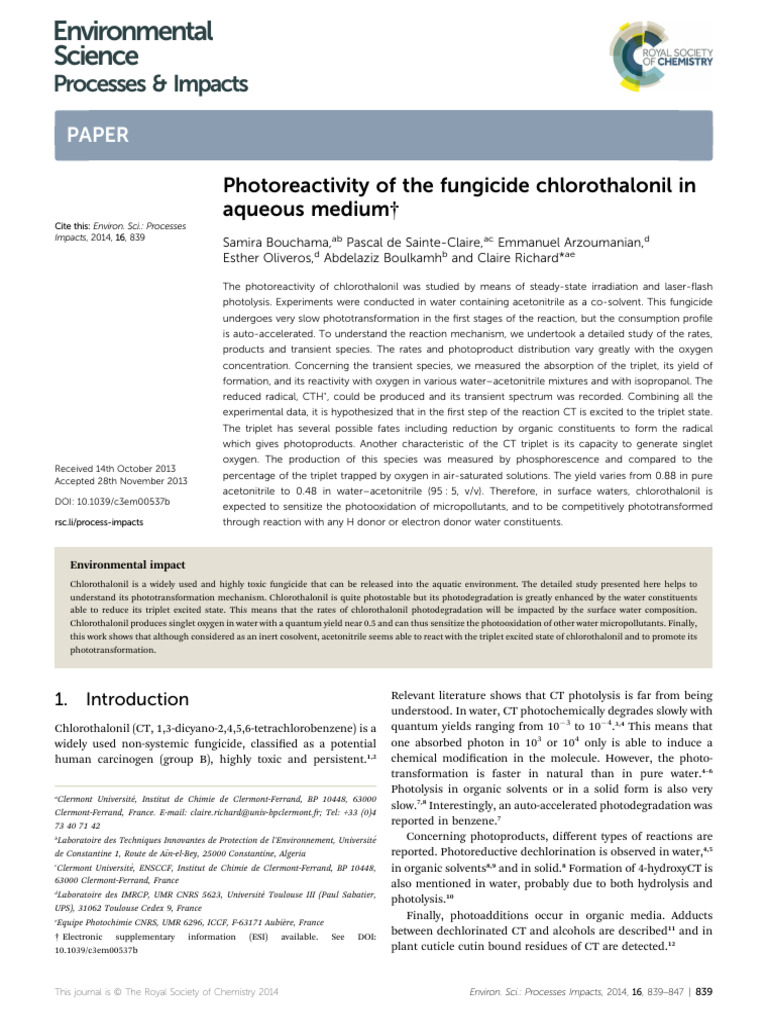 Photoreactivity of The Fungicide Chlorothalonil in Aqueous Medium | PDF ...