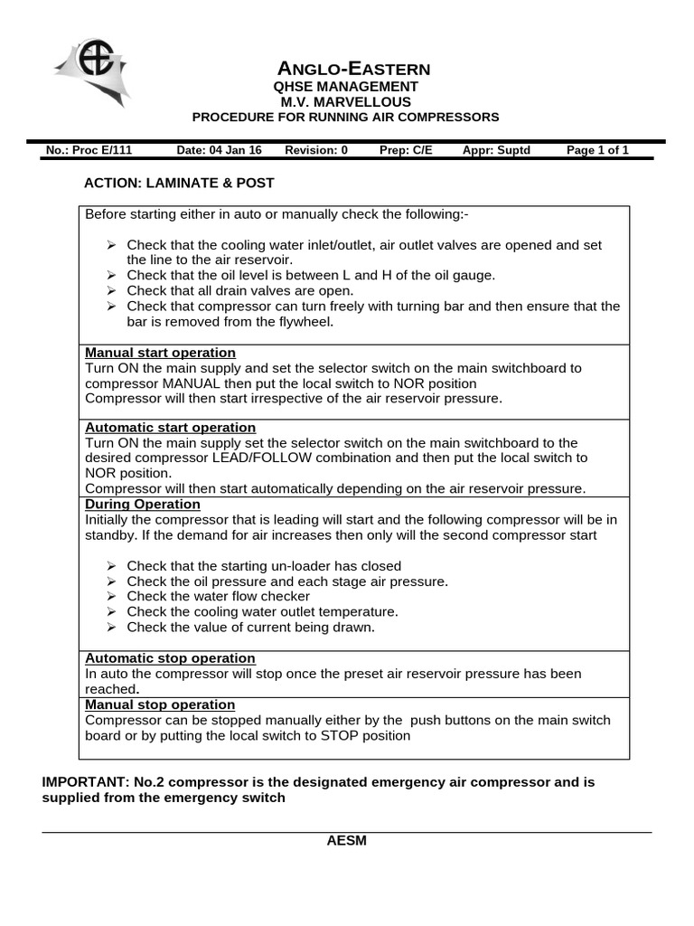 E-111 Procedure For Running Air Compressors | PDF