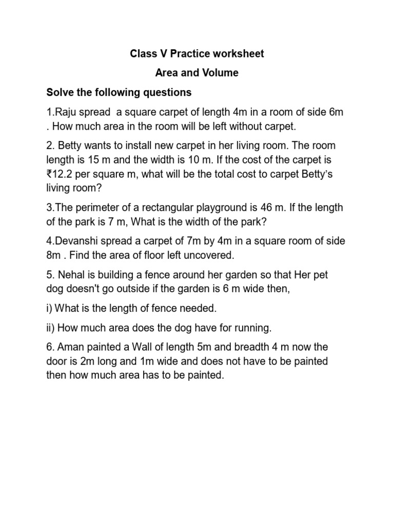 Area and Volume Practice for Class V | PDF