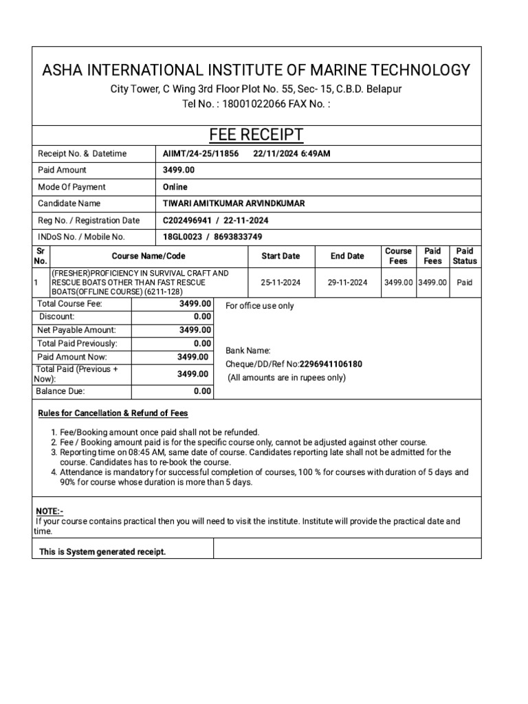 Aasha Marine Fee Receipt | PDF | Payments | Money