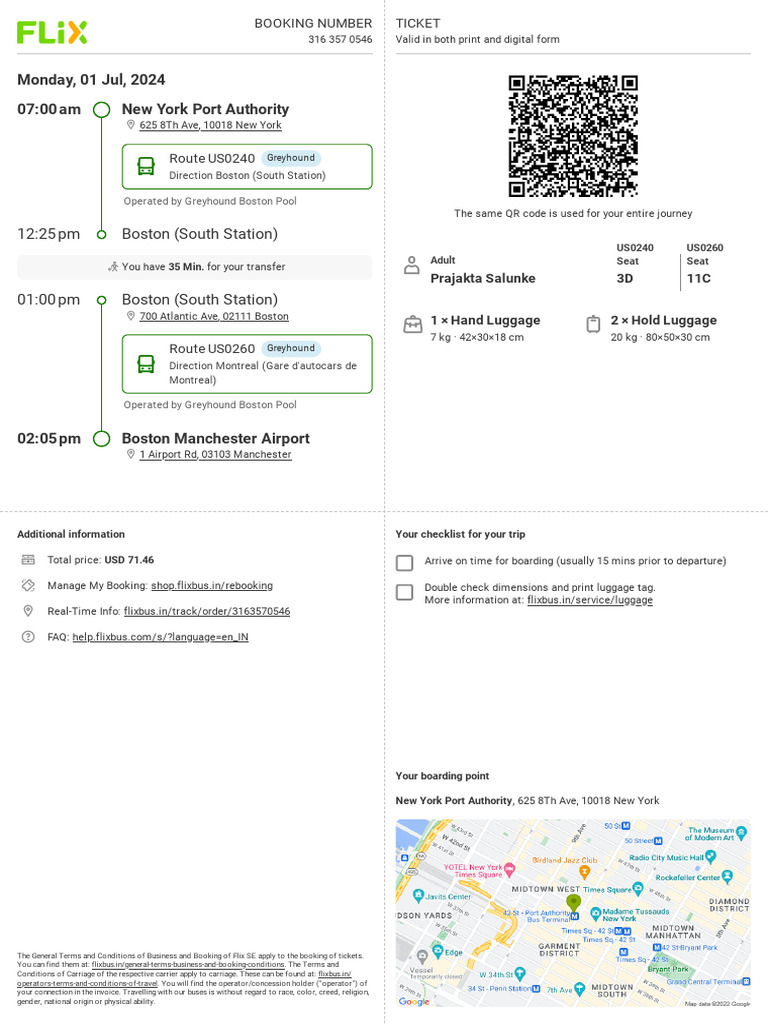 NYC to Manchester NH Bus Itinerary | PDF | Transport | Public Transport