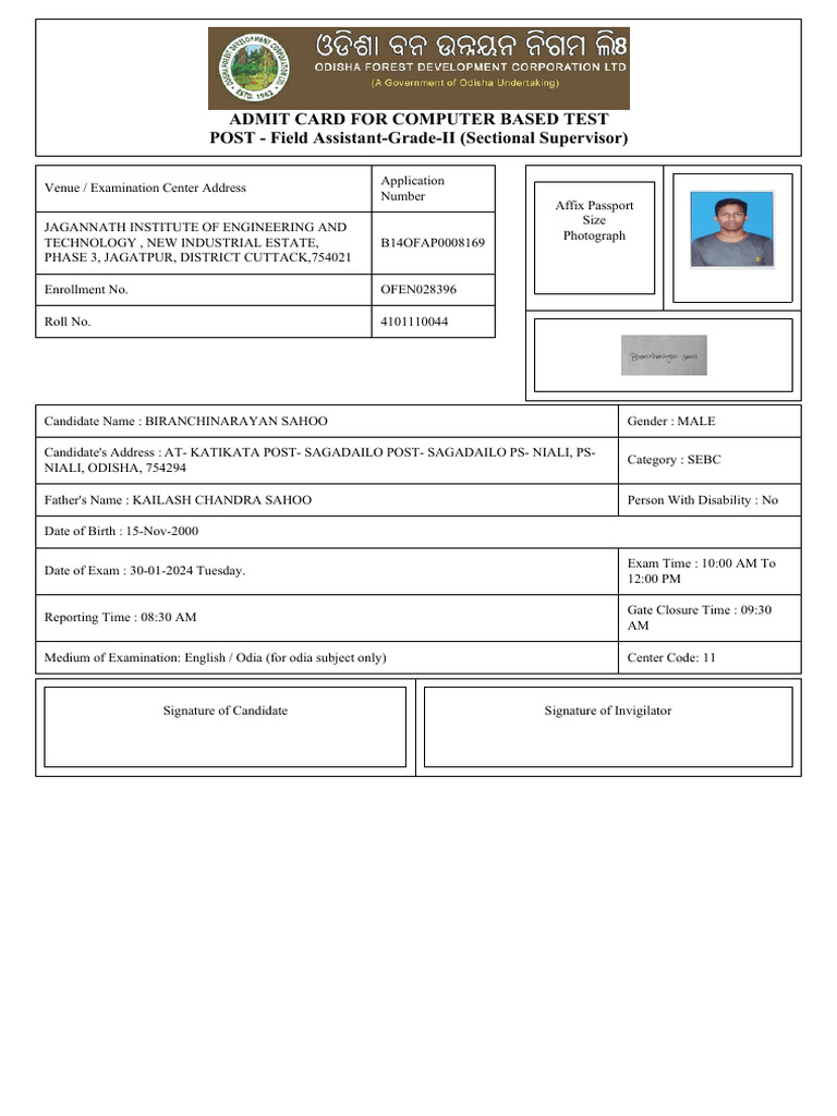 Admit Card For Computer Based Test POST - Field Assistant-Grade-II ...
