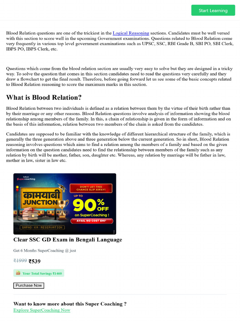 Blood Relation Reasoning - Concepts, Types & Solved Examples | PDF